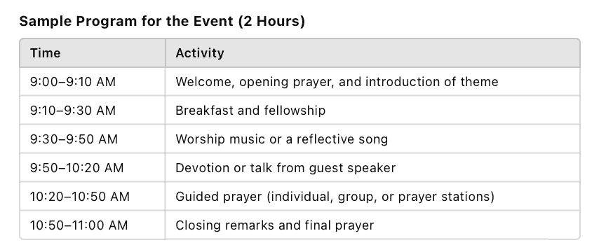 Sample agenda for a women's prayer breakfast